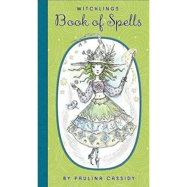 Cover of the Witchlings Book of Spells by Paulina Cassidy — a witch in a colorful dress with a wand and magical elements.