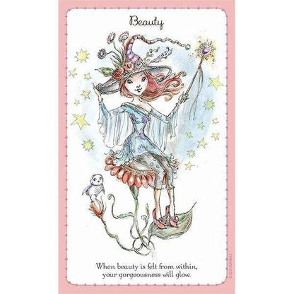 Witchlings card of a fairy-like character on a flower with a small animal — text emphasizing inner beauty.