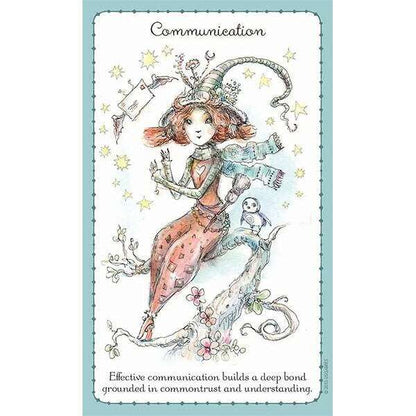 Witchlings card with a red-haired girl adorned with stars holding objects representing communication — light blue background.