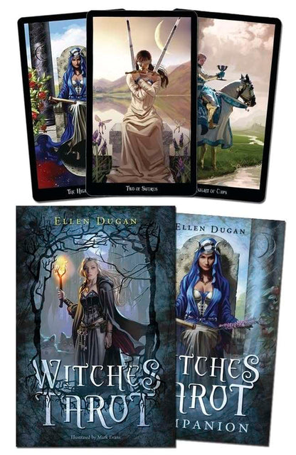 Witches Tarot deck box by Ellen Dugan with Wiccan nature-based artwork on the lid — 78-card tarot kit for Wiccan practice.