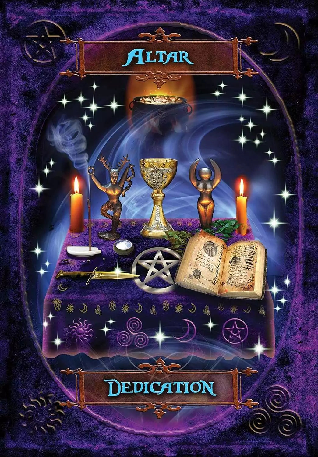A mystical altar scene featuring lit candles, a chalice, deity statues, and an open ritual book — a Witches&