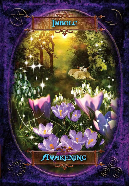 A vibrant forest scene with blooming wildflowers, magical light, and lush green foliage — a Witches&