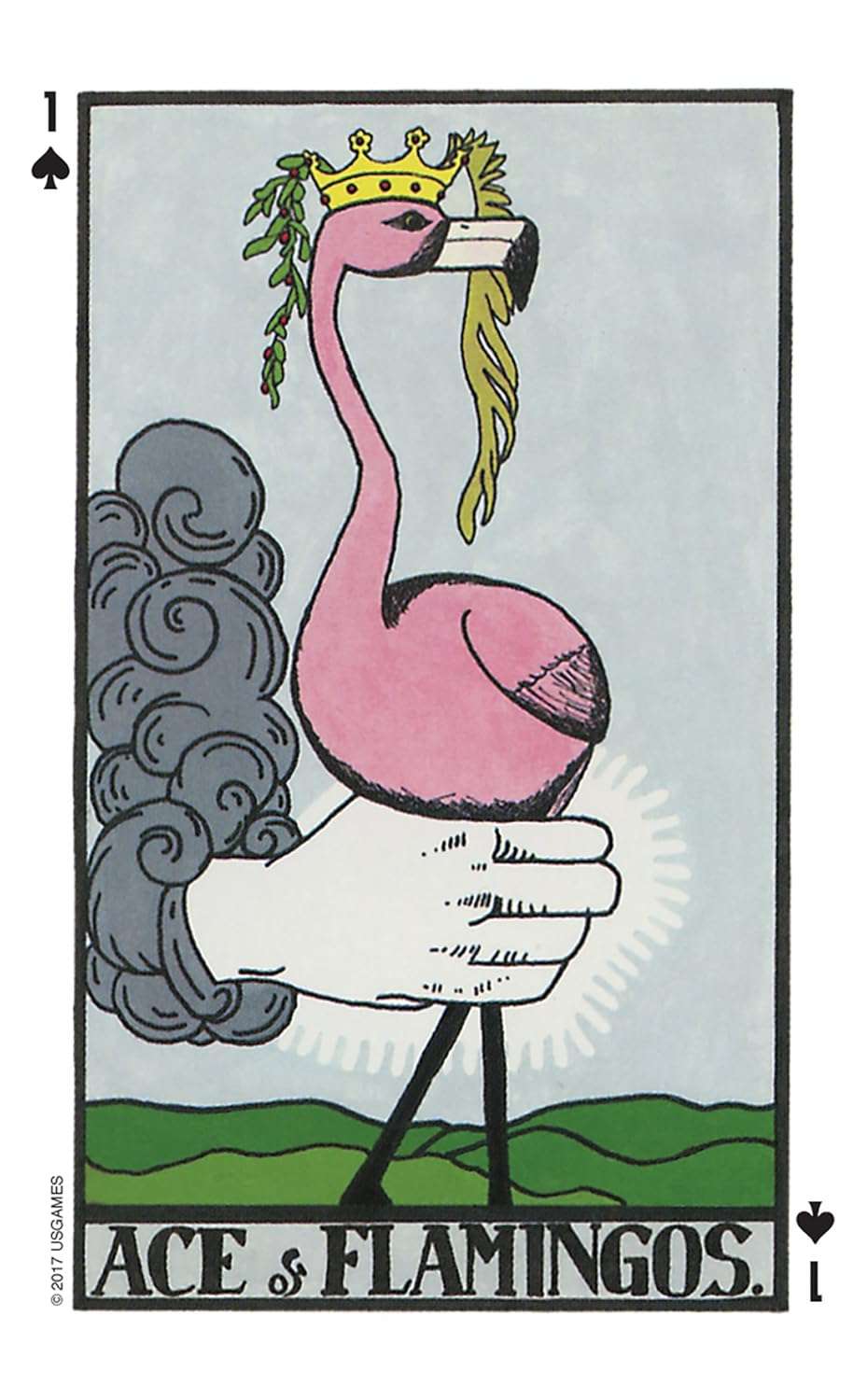 Pink flamingo character wearing a crown and holding a branch — illustrated Wonderland Tarot card from the US Games Systems edition.
