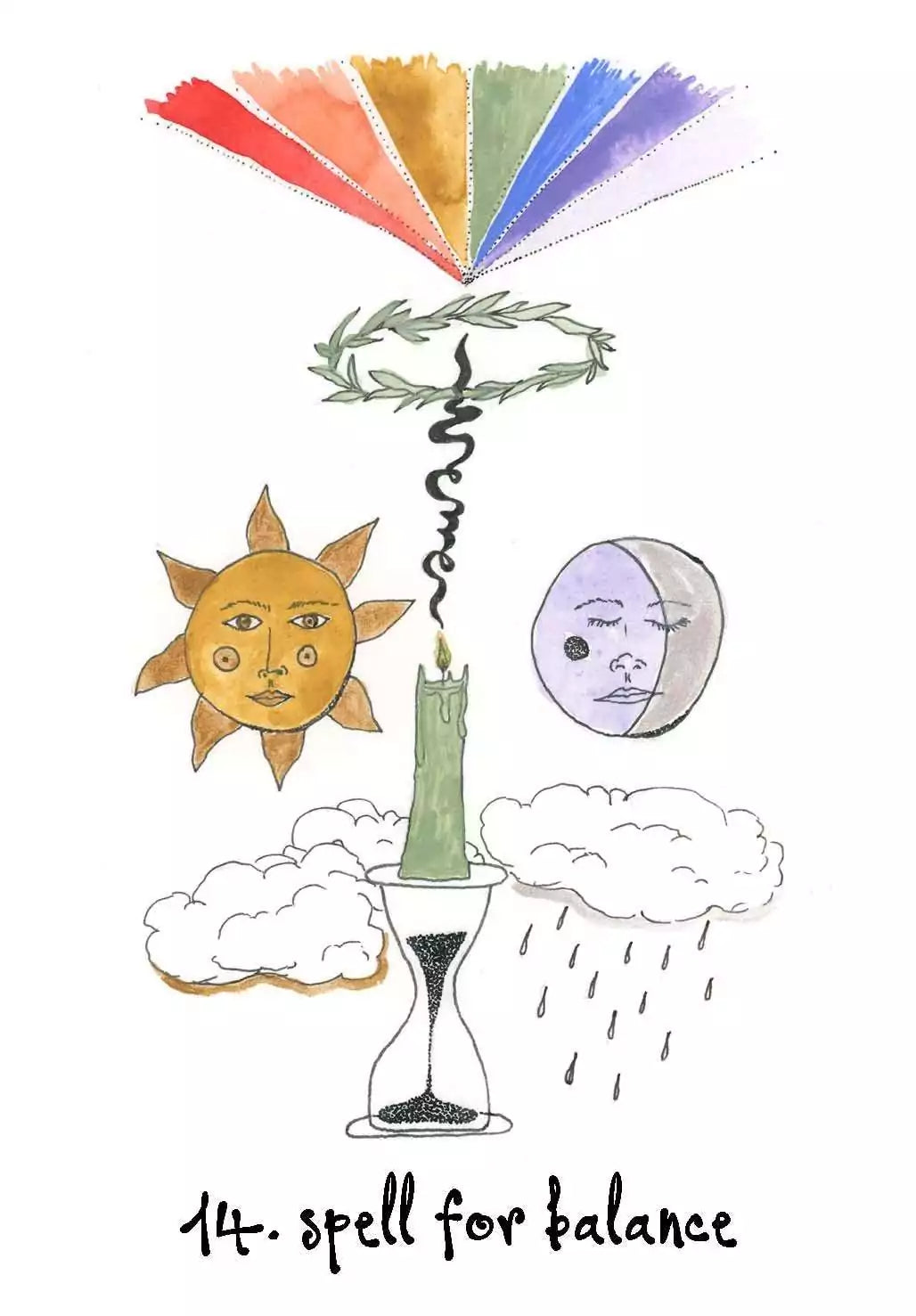 Wyrd Sisters Oracle card with colorful illustration depicting a balancing spell with celestial and botanical elements
