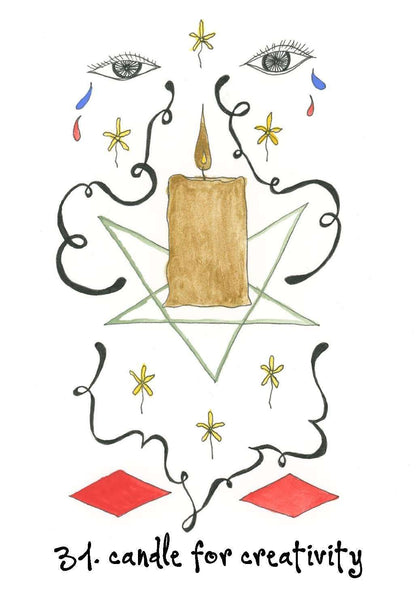 Wyrd Sisters Oracle card featuring a candle surrounded by ritual tools and decorative floral magical iconography