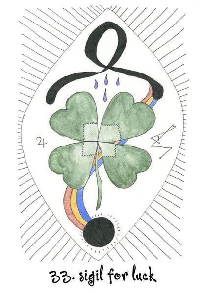 Wyrd Sisters Oracle card showing a four-leaf clover surrounded by magical symbols and bright botanical illustration elements