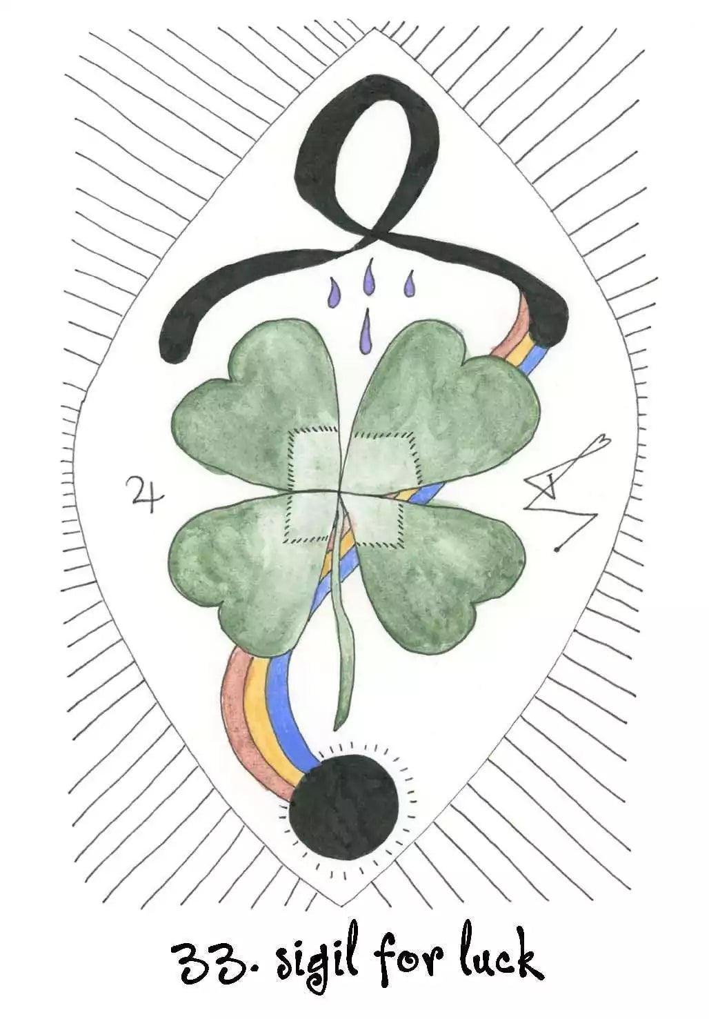 Wyrd Sisters Oracle card showing a four-leaf clover surrounded by magical symbols and bright botanical illustration elements