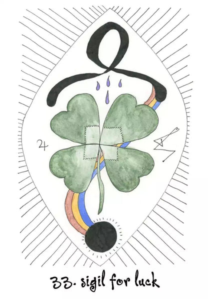 Wyrd Sisters Oracle card showing a four-leaf clover surrounded by magical symbols and bright botanical illustration elements