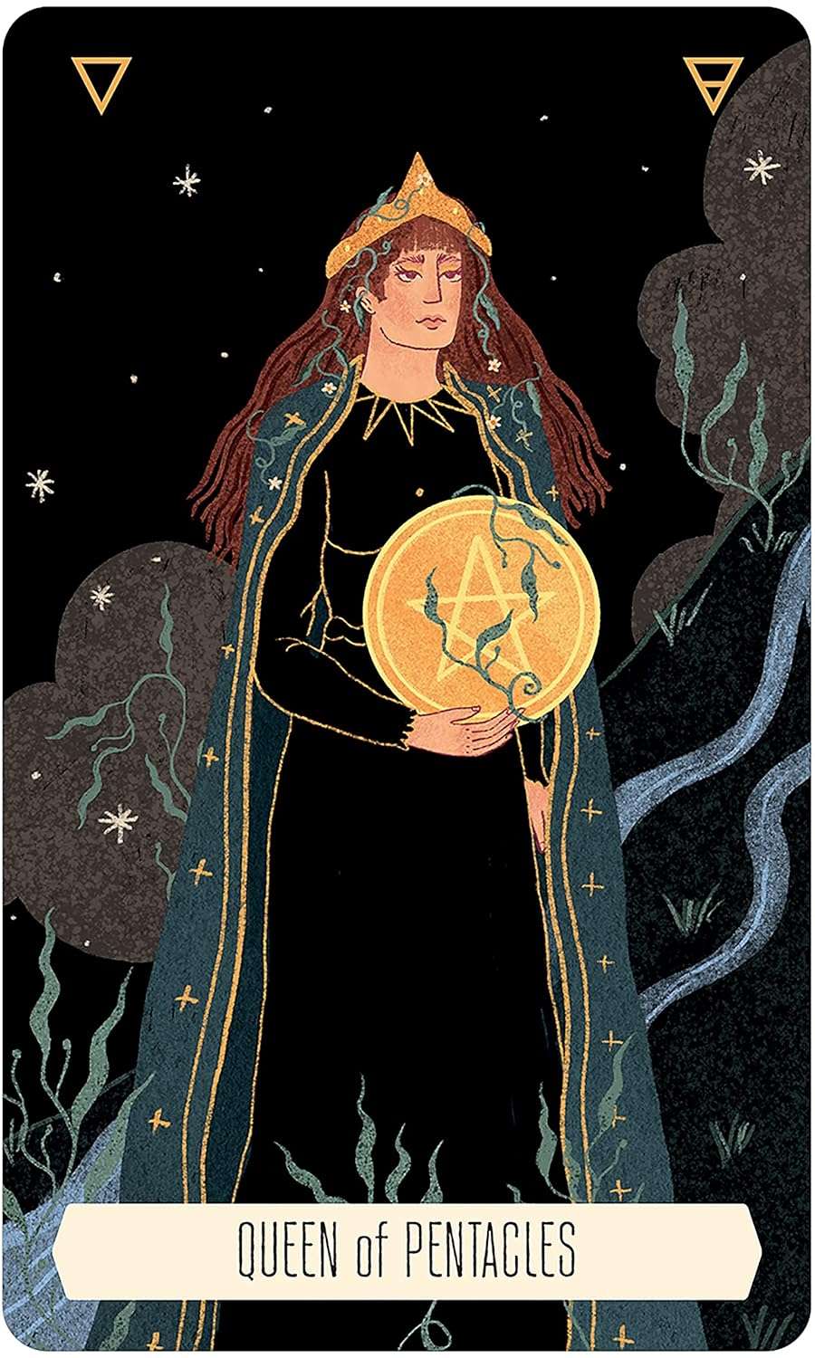 Woman in flowing robe holding a golden pentacle — tarot card from the Zodiac Tarot deck showing astrological imagery.