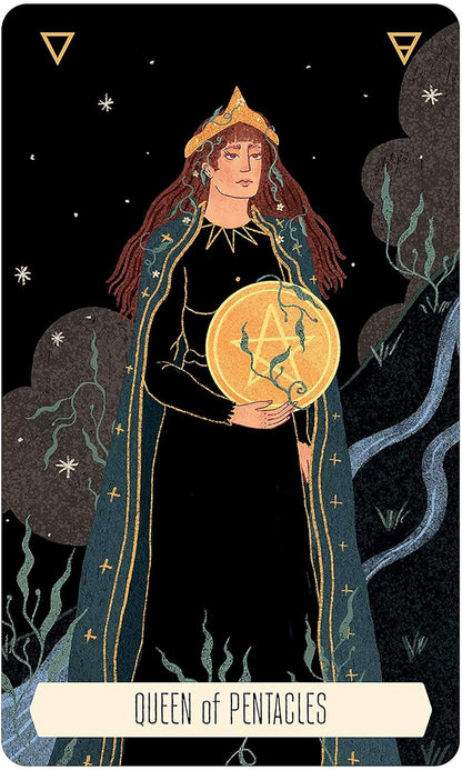 Woman in flowing robe holding a golden pentacle — tarot card from the Zodiac Tarot deck showing astrological imagery.