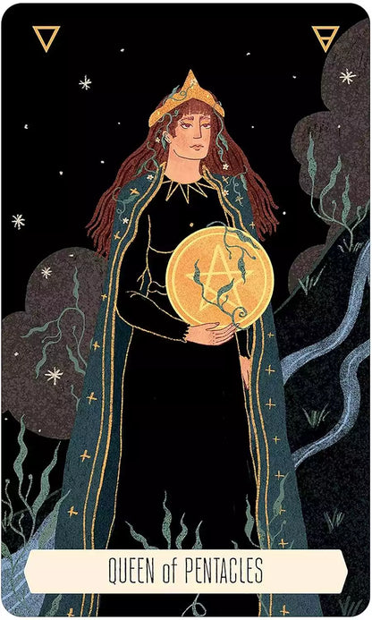 Woman in flowing robe holding a golden pentacle — tarot card from the Zodiac Tarot deck showing astrological imagery.