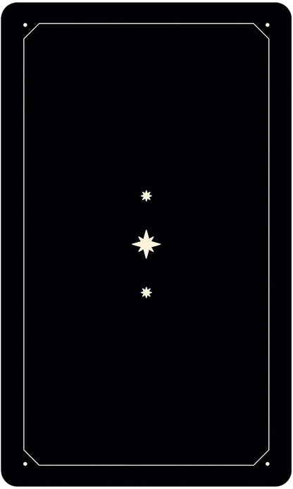 Black tarot card featuring three vertical star-like symbols — back design or celestial card from the Zodiac Tarot deck.