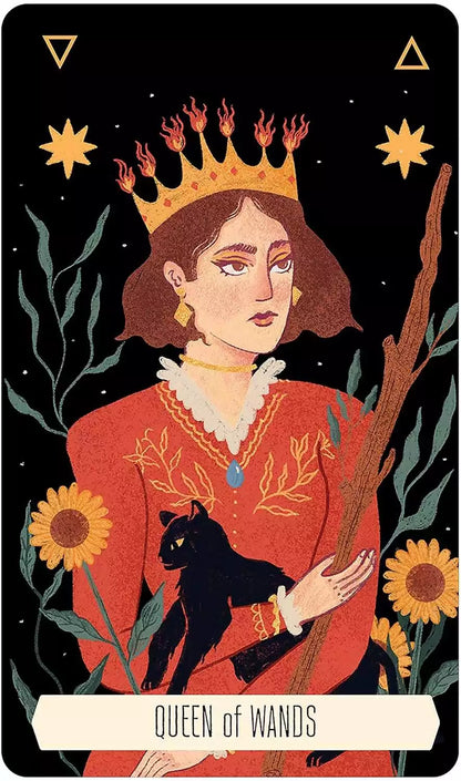 Regal crowned woman holding a wand amid celestial motifs — Major Arcana card from the Zodiac Tarot deck.