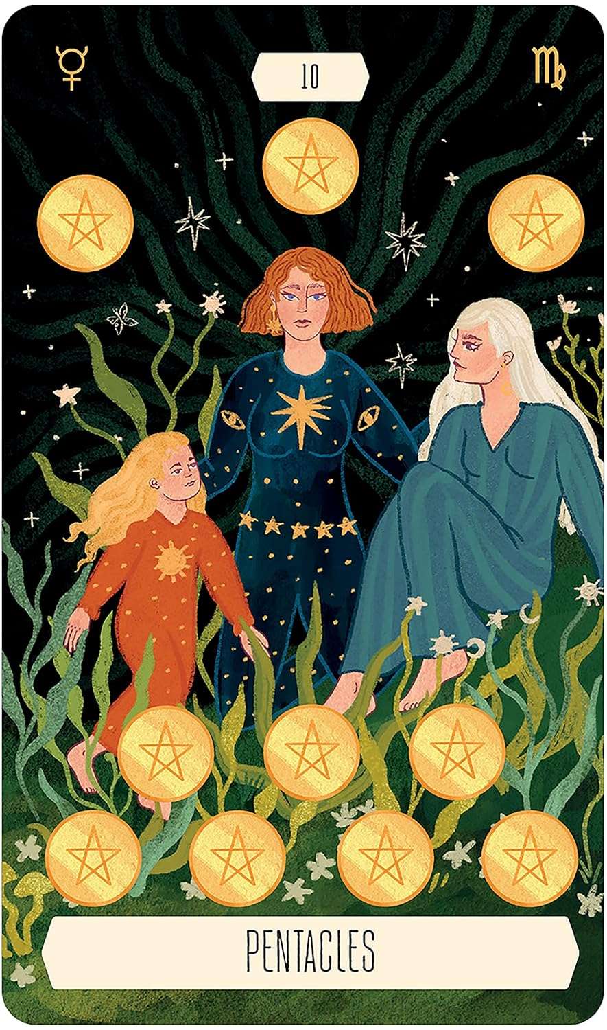 Three women in robes in a celestial setting — illustrated card from the Zodiac Tarot deck by Lattari and Chavez.