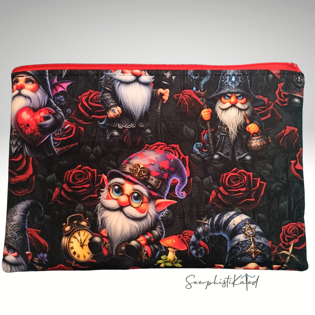 Dark Goth Gnomes &amp; Skulls Zipper Pouch | Handmade Cotton Bag