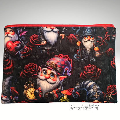 Dark Goth Gnomes &amp; Skulls Zipper Pouch | Handmade Cotton Bag