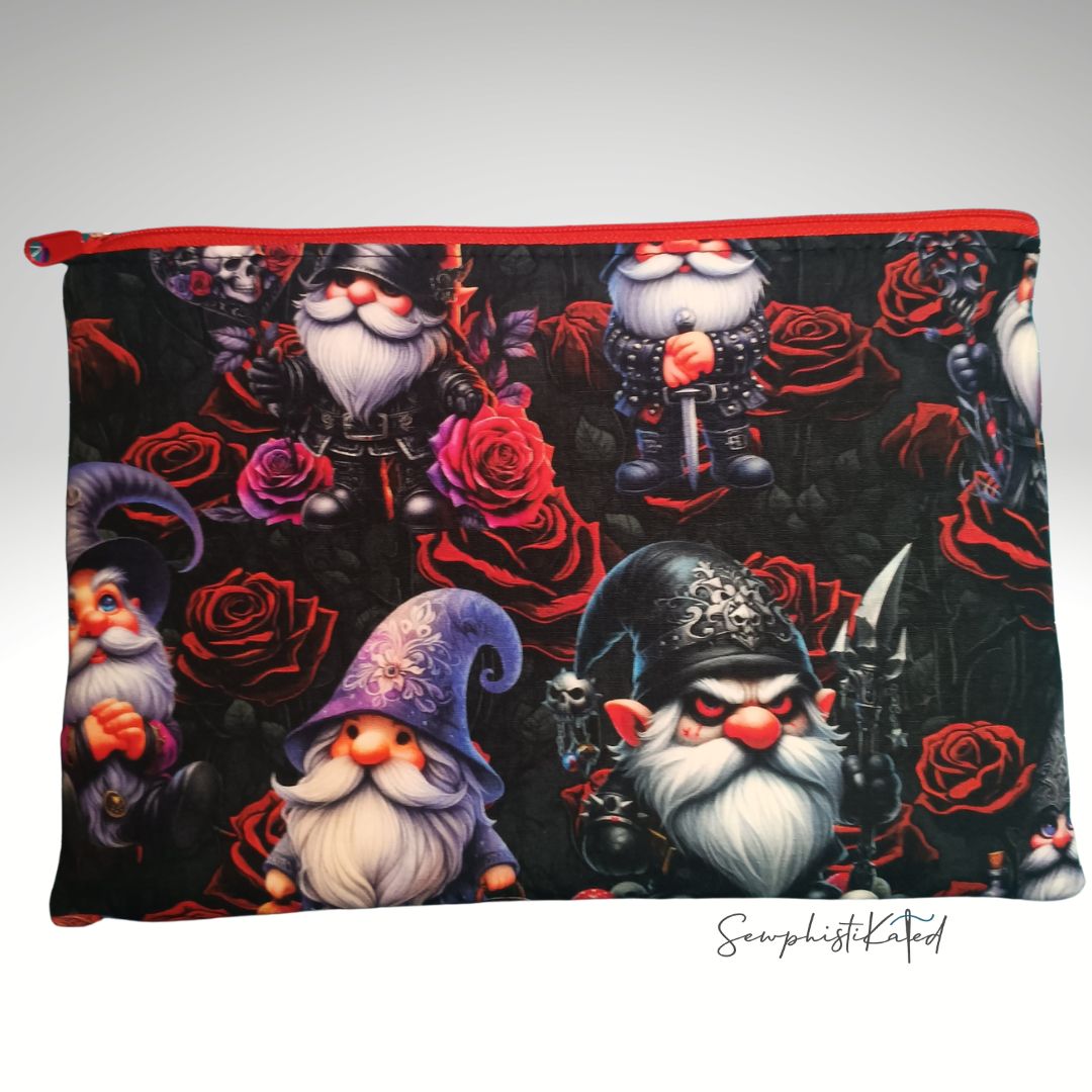 Dark Goth Gnomes &amp; Skulls Zipper Pouch | Handmade Cotton Bag