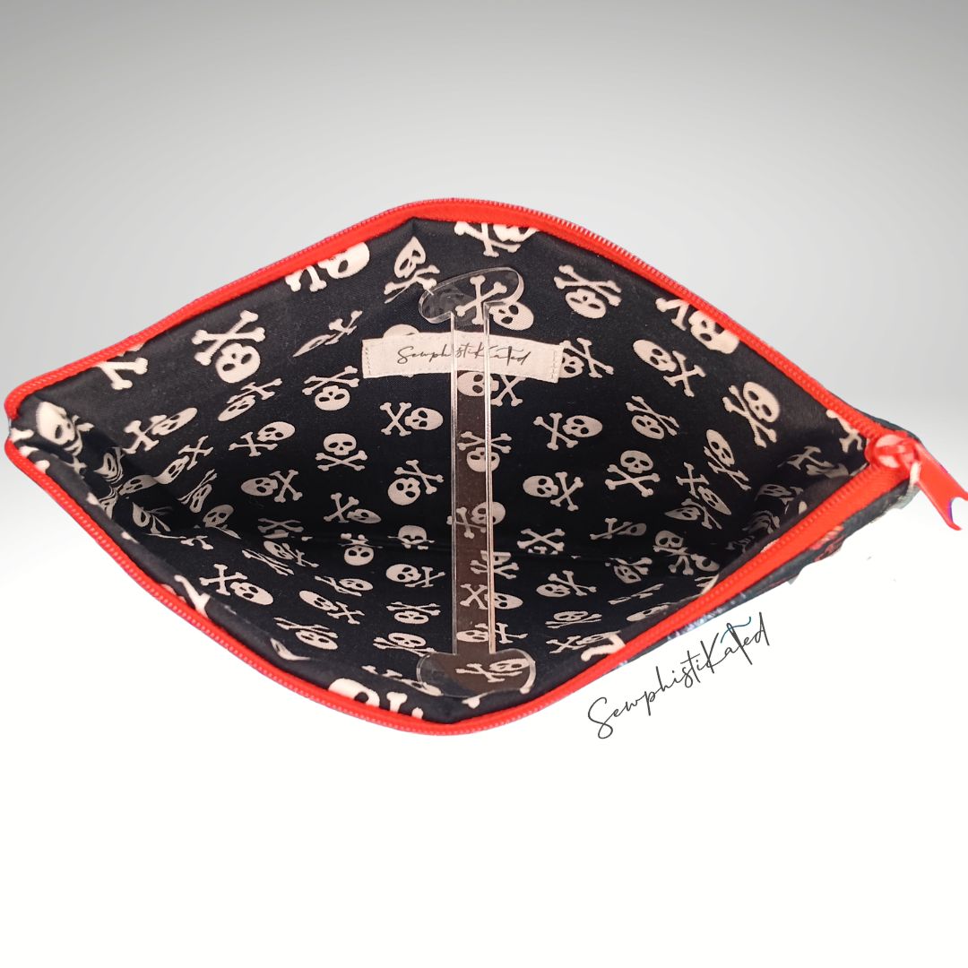 Dark Goth Gnomes &amp; Skulls Zipper Pouch | Handmade Cotton Bag