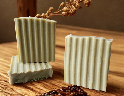 Grounding collection - three French green clay soap bars containing pumice sand.