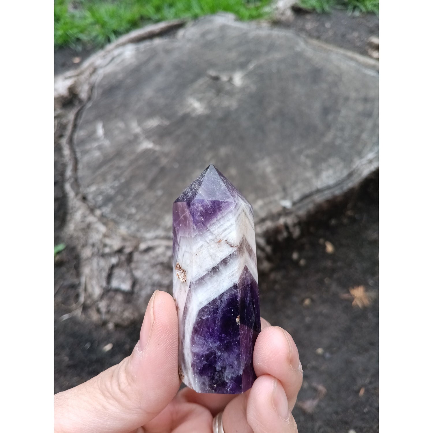Dream Amethyst Tower with Clear Quartz Band – Healing Crystal for Intuition &amp; Clarity