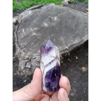 Dream Amethyst Tower with Clear Quartz Band – Healing Crystal for Intuition &amp; Clarity