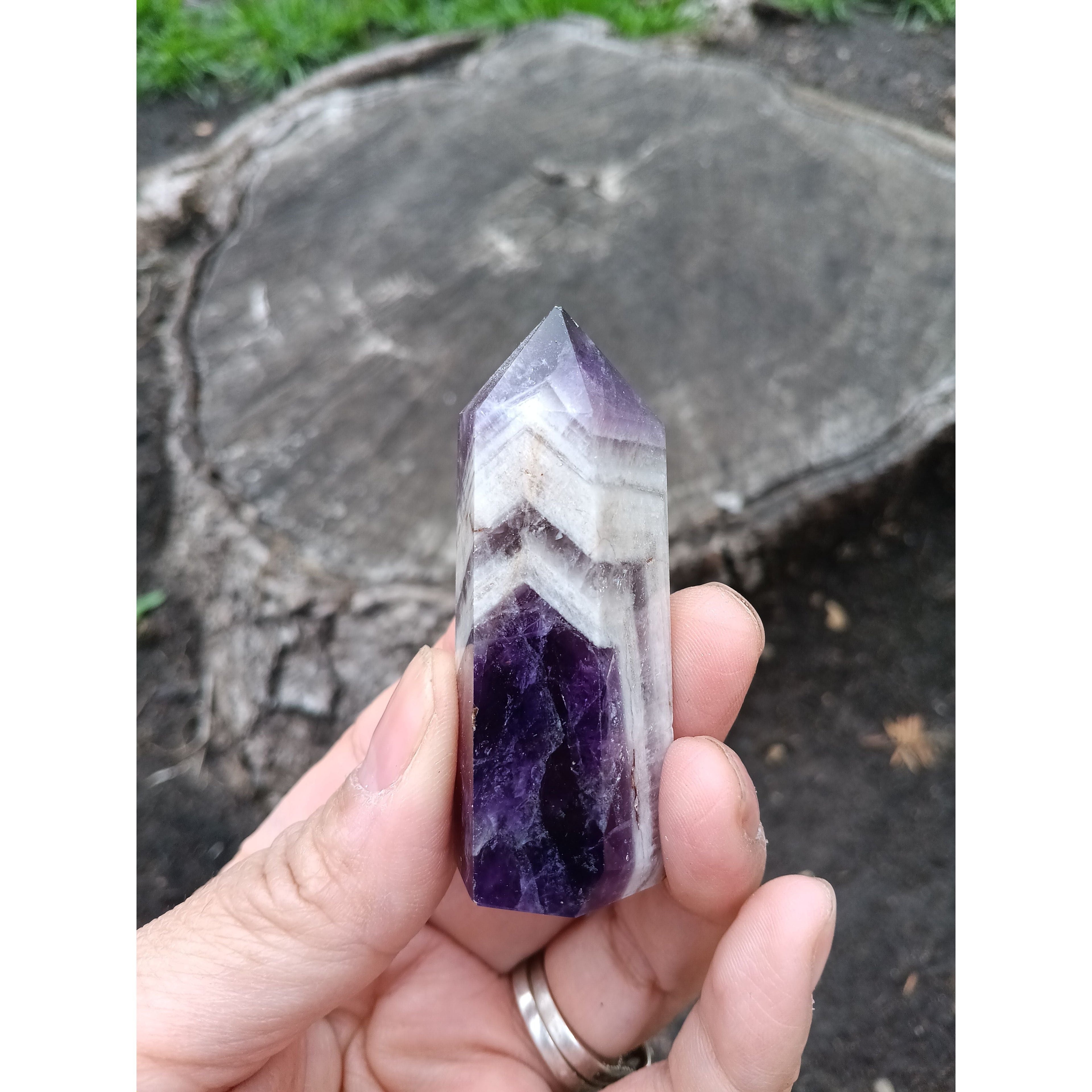 Dream Amethyst Tower with Clear Quartz Band – Healing Crystal for Intuition &amp; Clarity