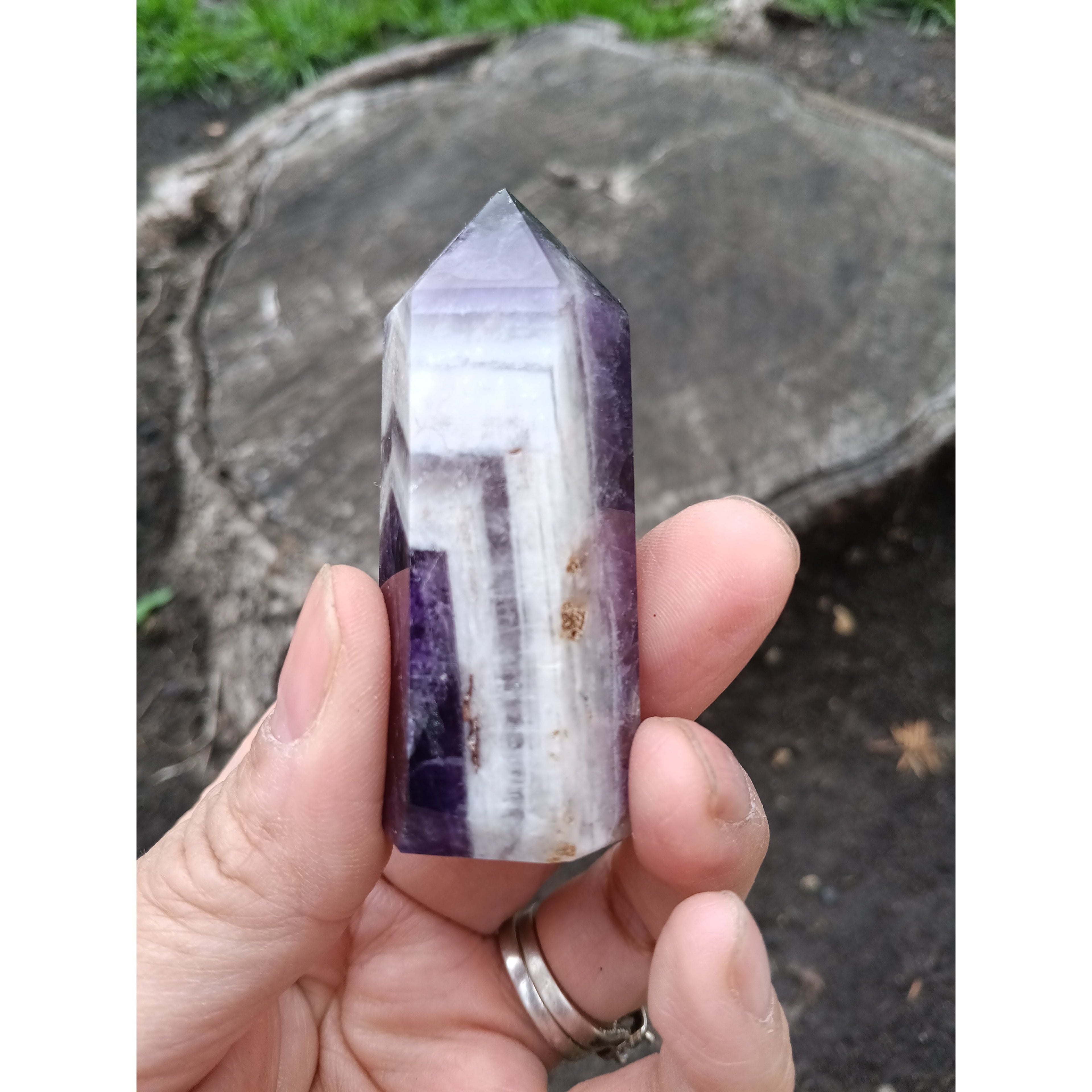 Dream Amethyst Tower with Clear Quartz Band – Healing Crystal for Intuition &amp; Clarity
