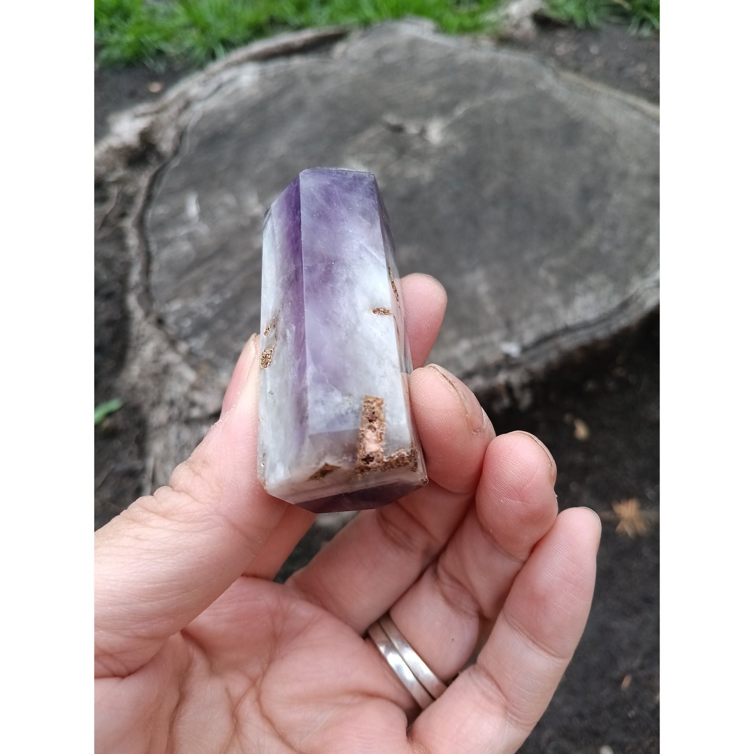 Dream Amethyst Tower with Clear Quartz Band – Healing Crystal for Intuition &amp; Clarity