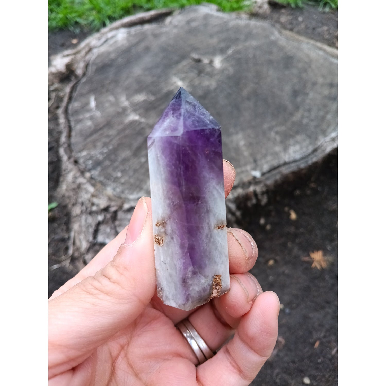 Dream Amethyst Tower with Clear Quartz Band – Healing Crystal for Intuition &amp; Clarity