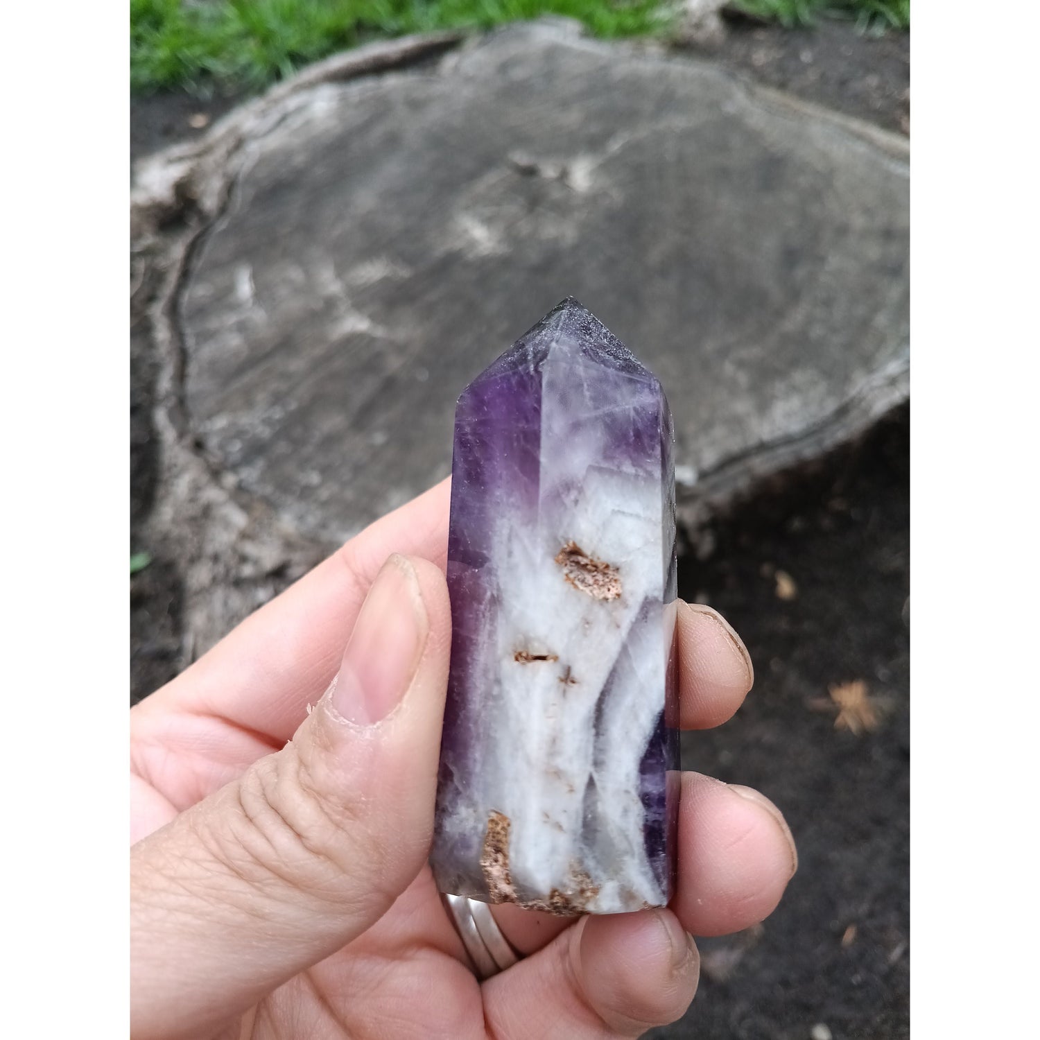 Dream Amethyst Tower with Clear Quartz Band – Healing Crystal for Intuition &amp; Clarity