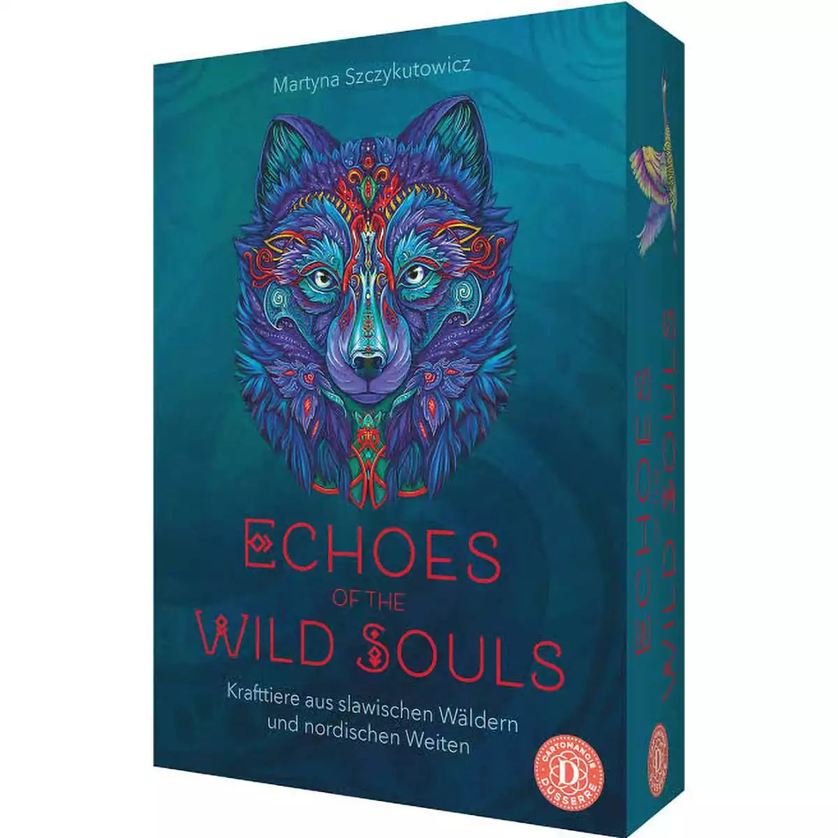 Echoes of the Wild Souls box showing a stylized wolf face rendered in blue with intricate ornamental red and turquoise patterns overlaid, subtitle in German reading Krafttiere aus slawischen Wäldern und nordischen Weiten.