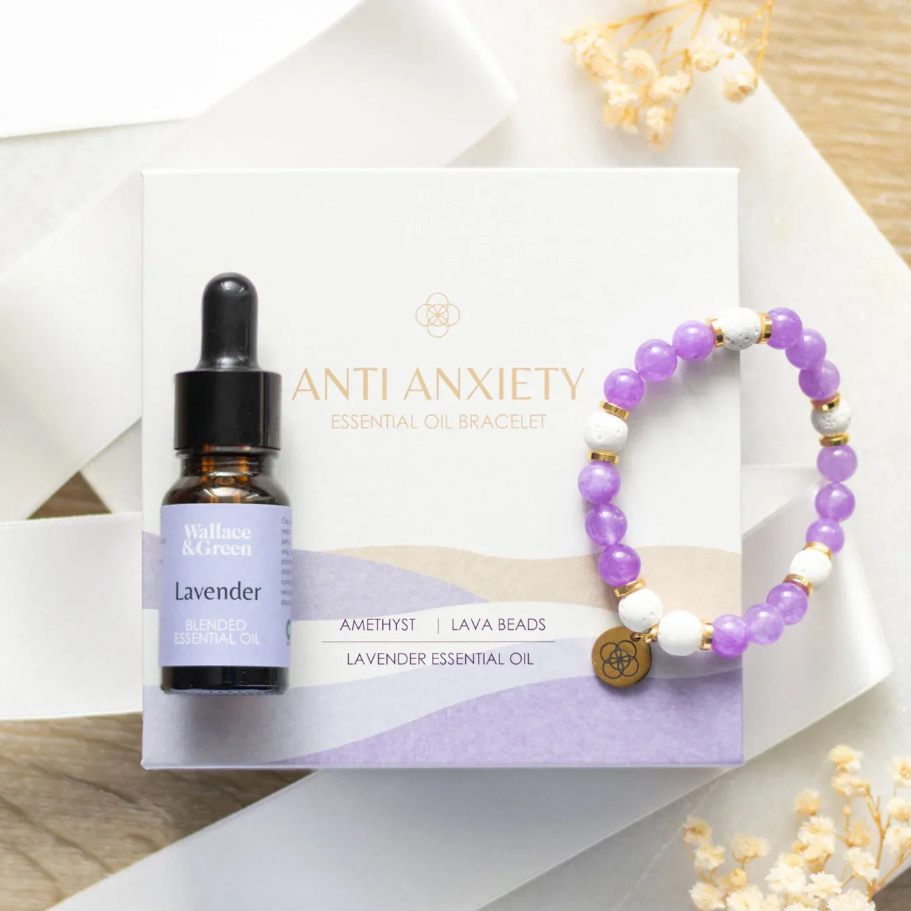 Anti-Anxiety Lava Bead &amp; Amethyst Essential Oil Bracelet Gift Set