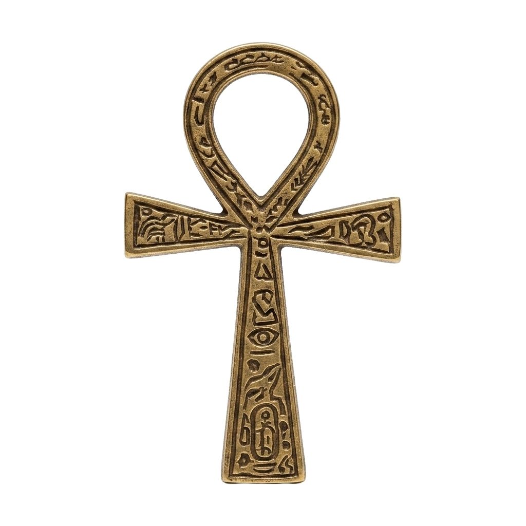 Golden brass ankh symbol with intricate engraving — 2.375 by 4 inch Egyptian Key of Life altar piece with traditional cross-and-loop design.