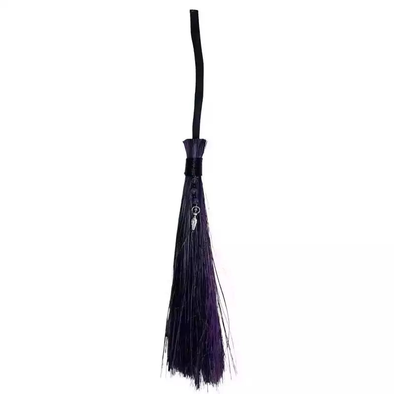 21-inch ritual besom broom with dark purple bristles and a long wooden handle — traditional witch&