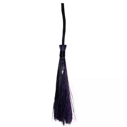 21-inch ritual besom broom with dark purple bristles and a long wooden handle — traditional witch&