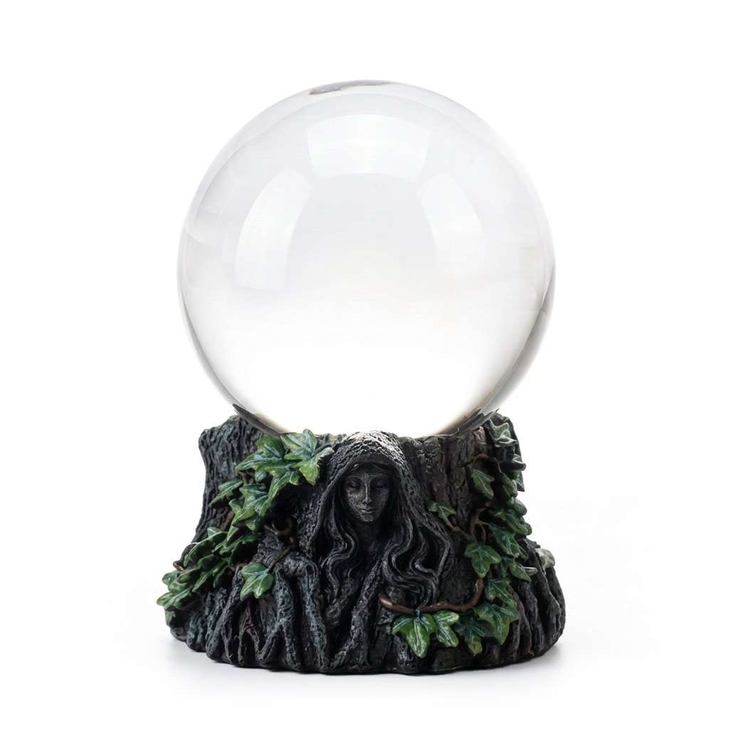 Triple Goddess crystal ball set — 100mm crystal ball on decorative goddess figure base with leaf and vine detailing representing Maiden Mother Crone.