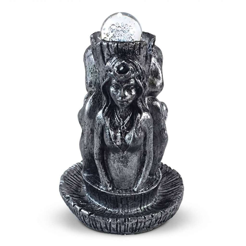 5-inch Mother Maiden Crone illuminated ball stand featuring a triple goddess figure with light, for holding a crystal ball as a Wiccan altar centerpiece.