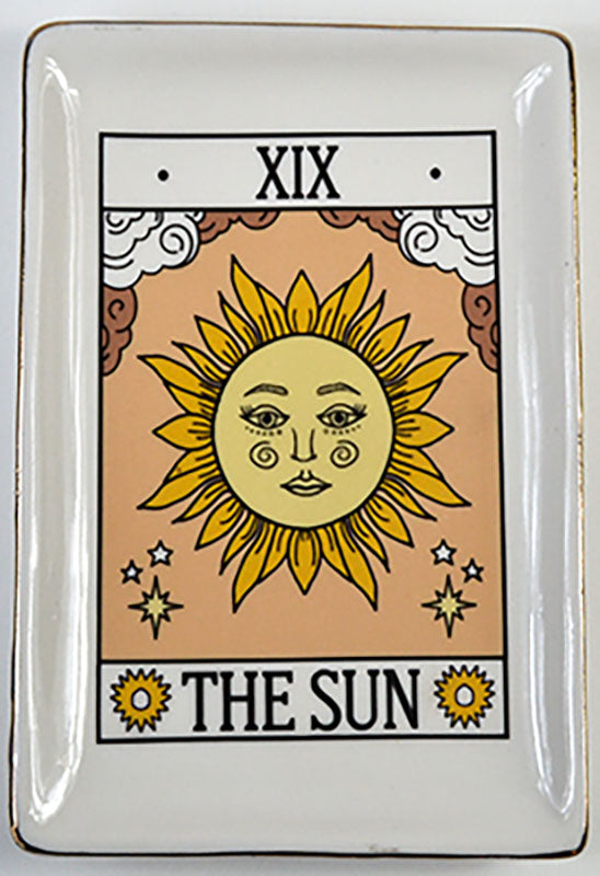 Ceramic Sun Tarot card dish 4.5 by 6.5 inches with The Sun illustrated in gold-toned edged tray for crystals and altar use