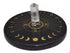 3-inch polished black agate sun clock altar tile with a quartz crystal center and golden cardinal direction markings — a ritual disc for altar and crystal grid use.