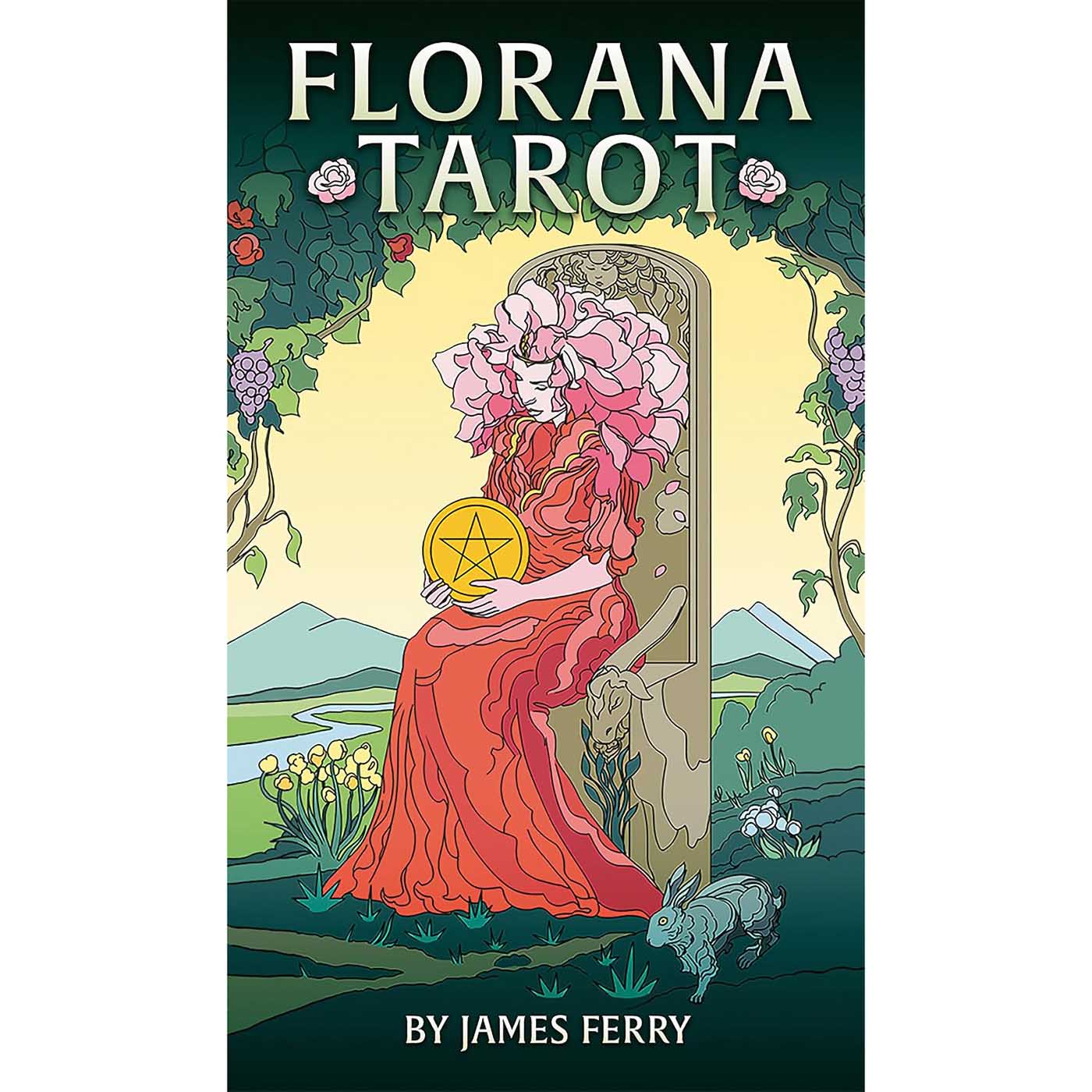 Florana Tarot box showing a figure with a peony crown seated in a rose and grape archway holding a pentacle, with rolling green landscape and rabbit at foreground, by James Ferry.