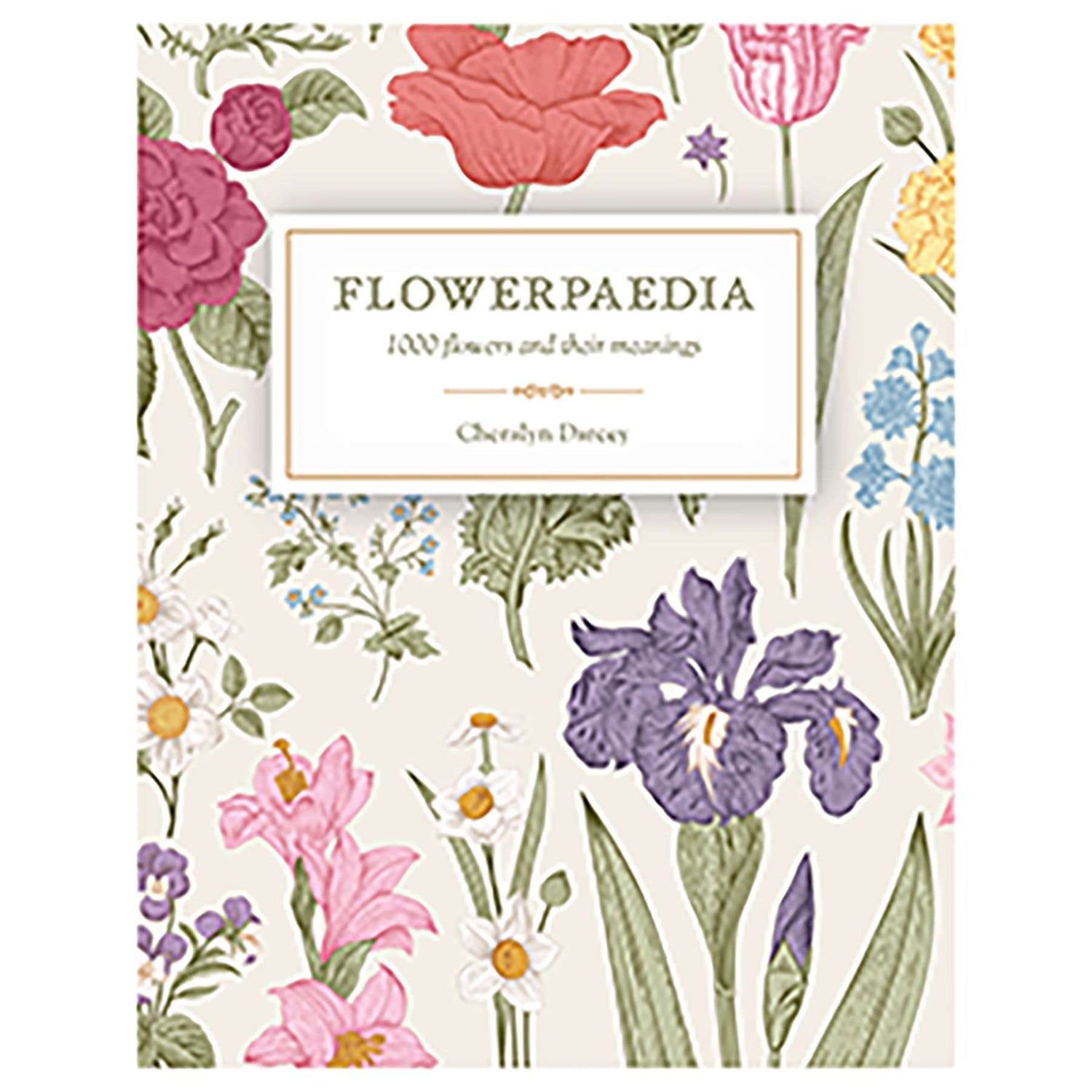 Flowerpaedia book cover by Cheralyn Darcey featuring a colorful floral illustration surrounded by various flowers, guide to 1000 flowers and their symbolic meanings.