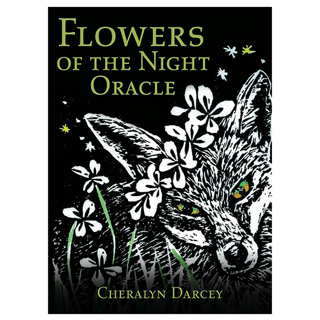 Flowers of the Night Oracle card featuring black and white illustration of a fox adorned with night-blooming flowers, Cheralyn Darcey 44-card nocturnal botanical deck.