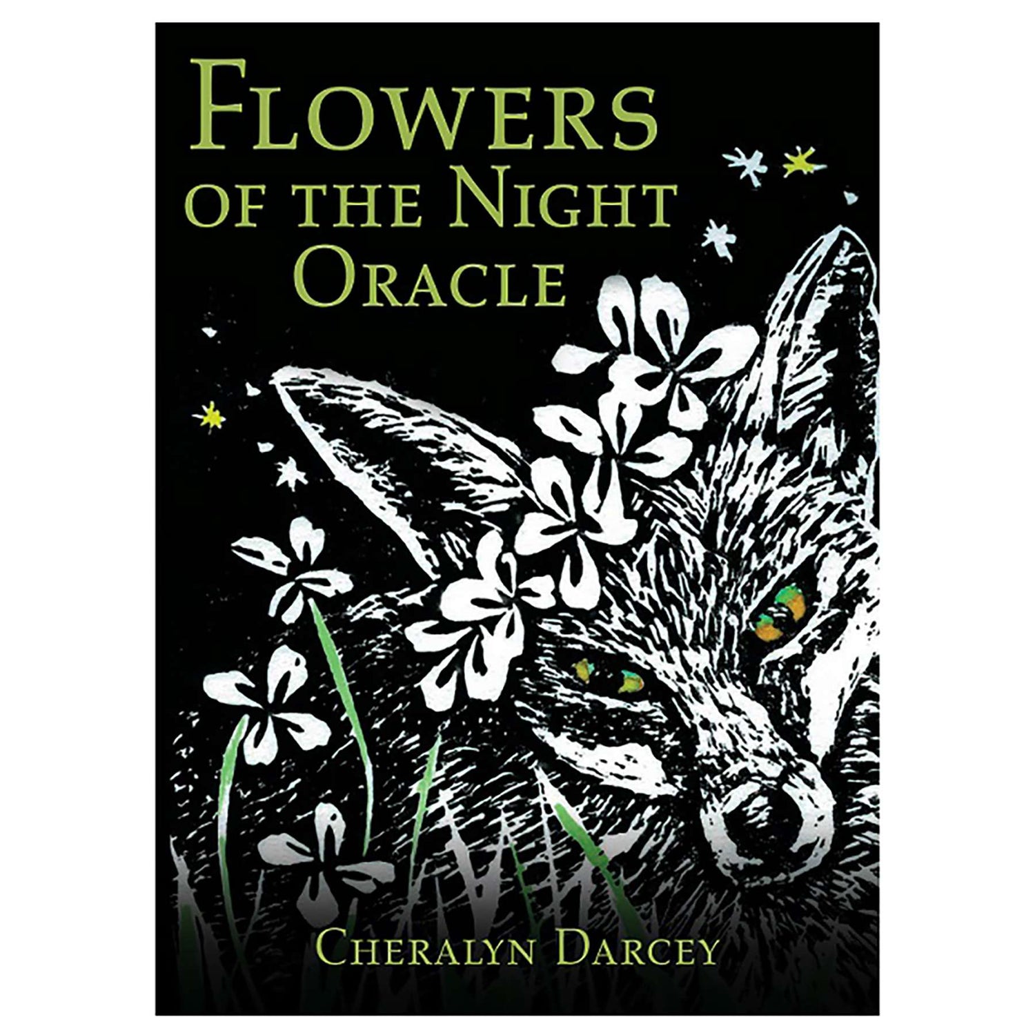 Flowers of the Night Oracle card featuring black and white illustration of a fox adorned with night-blooming flowers, Cheralyn Darcey 44-card nocturnal botanical deck.