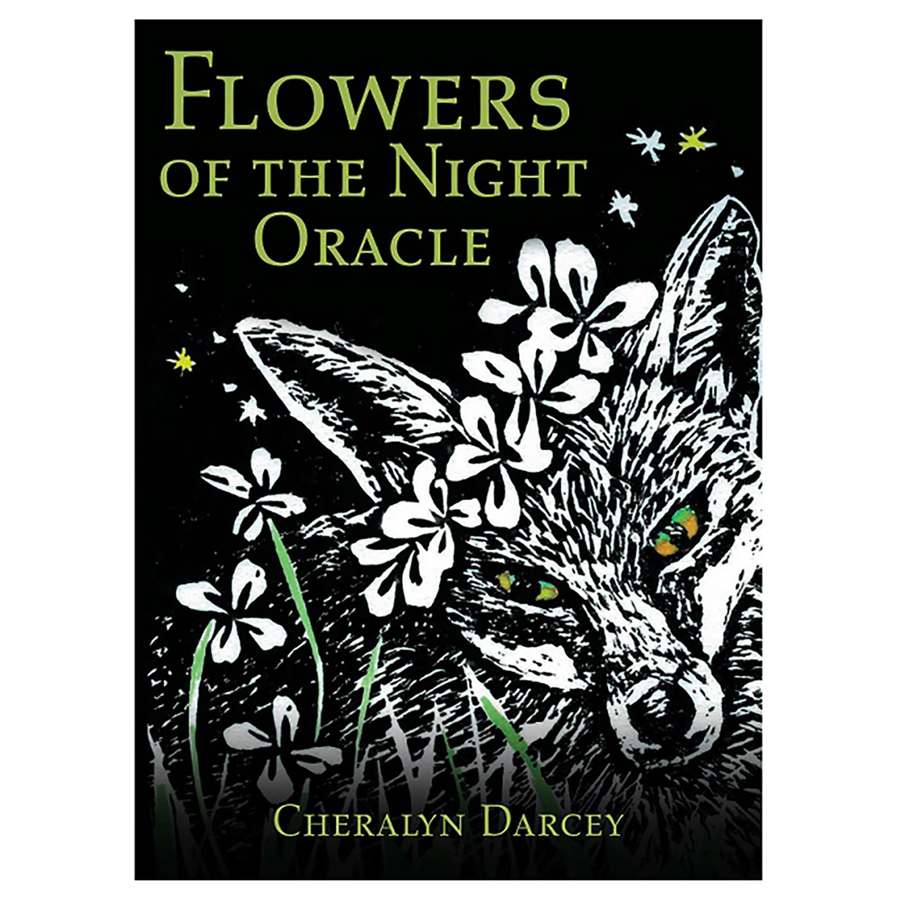 Flowers of the Night Oracle card featuring black and white illustration of a fox adorned with night-blooming flowers, Cheralyn Darcey 44-card nocturnal botanical deck.