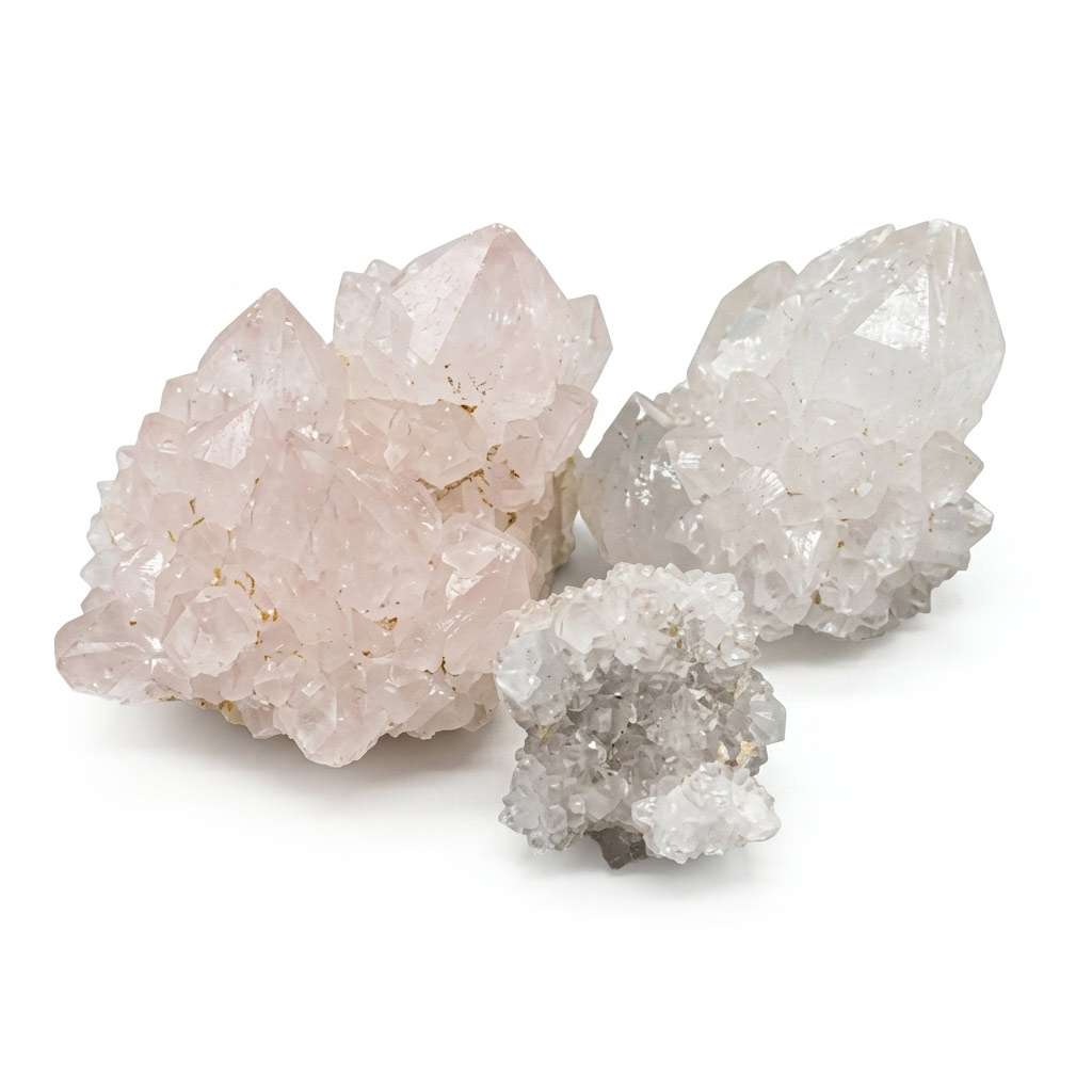 One pound bulk lot of spirit quartz specimens showing central crystal shafts covered in tiny secondary druzy points, the characteristic cactus quartz formation.