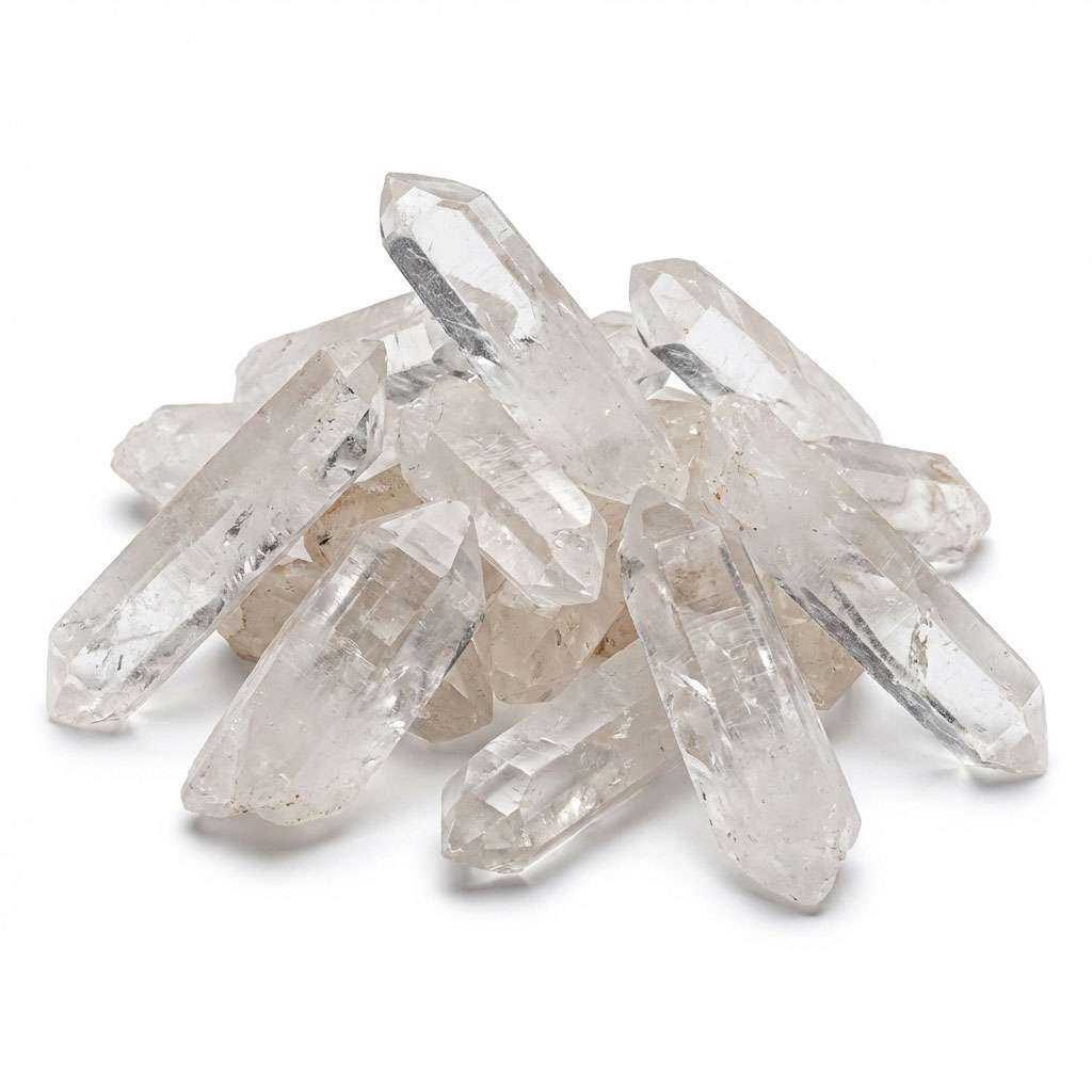 One pound lot of natural clear quartz crystal points 3 to 5 inches piled together with transparent pointed tips reflecting light — for grids, altars, and energy work.