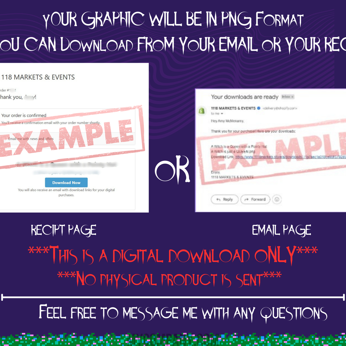 Digital download instructions: receipt and email examples for PNG graphic.
