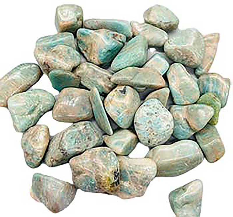 One-pound bag of smooth teal-green amazonite tumbled feldspar stones for truth communication anxiety relief and heart-throat chakra bridge work