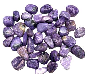 A pile of polished charoite tumbled stones in rich swirling violet and lavender patterns, the rare Siberian crystal, sold in 1 lb bulk lots.