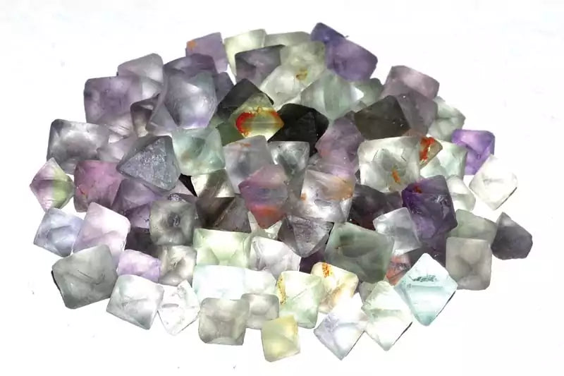 One-pound collection of natural green fluorite octahedral double-pyramid crystals for sacred geometry grids heart chakra focus and mental clarity meditation